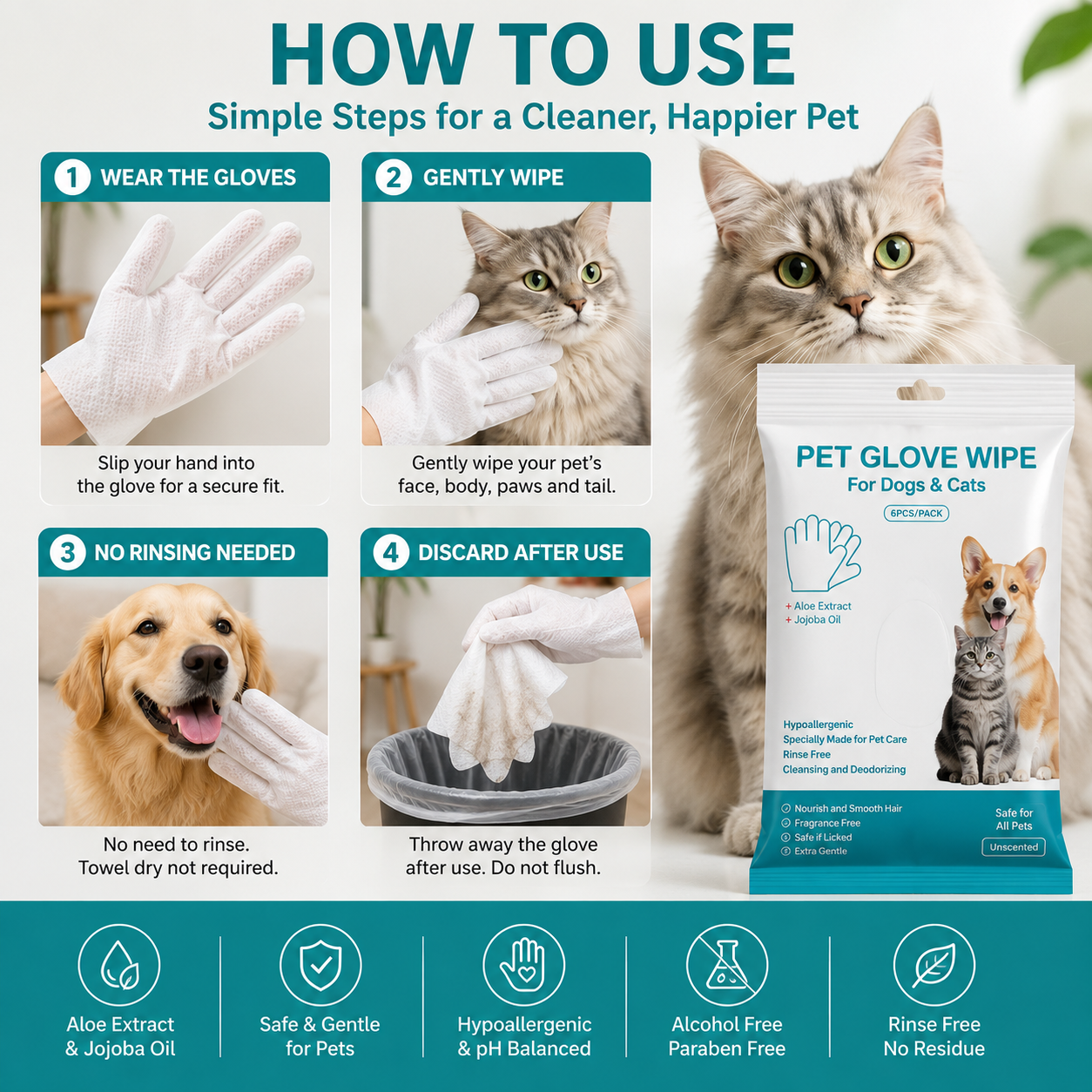 PawPure™ No-Rinse Pet Cleaning Gloves | Waterless Grooming for Cats & Dogs