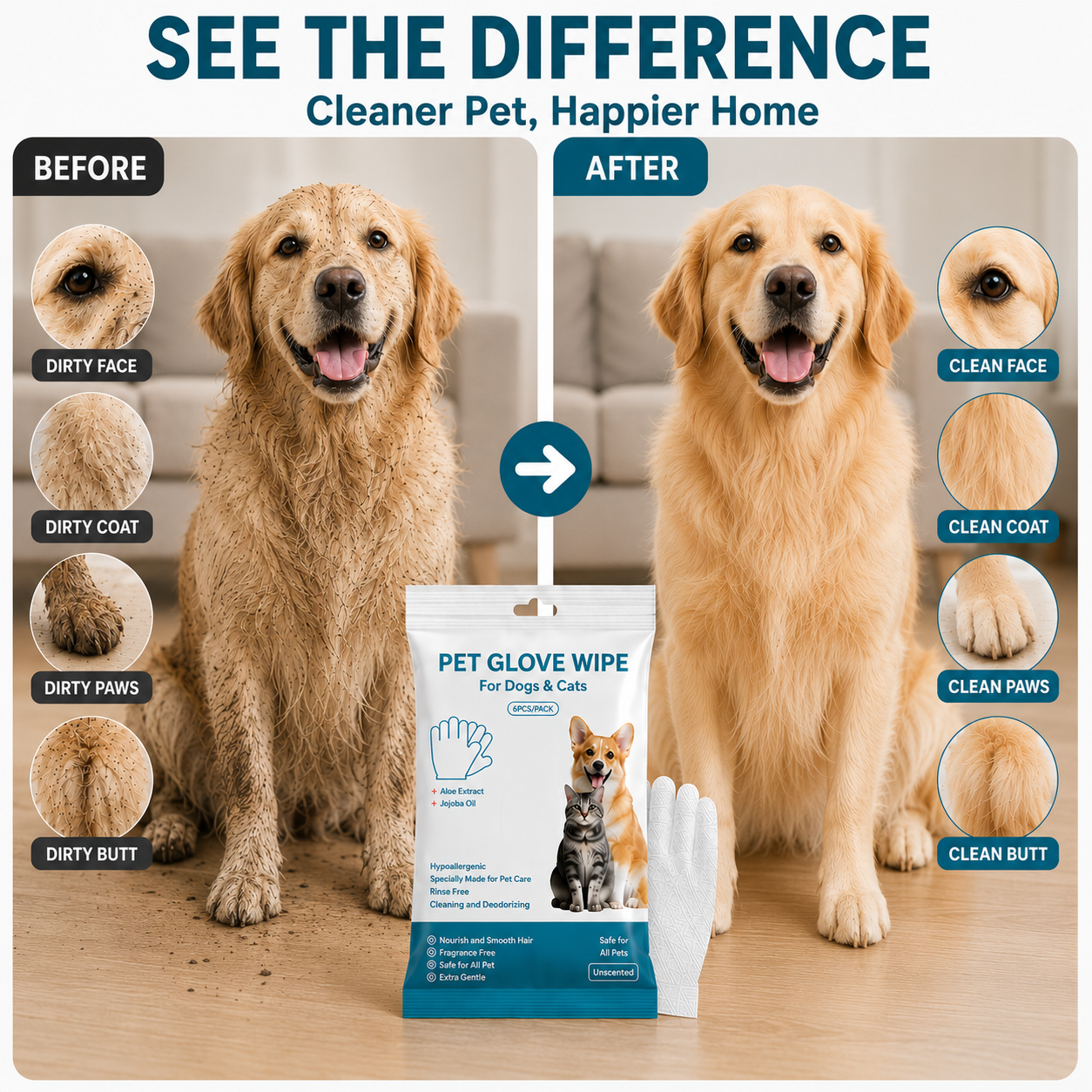 PawPure™ No-Rinse Pet Cleaning Gloves | Waterless Grooming for Cats & Dogs